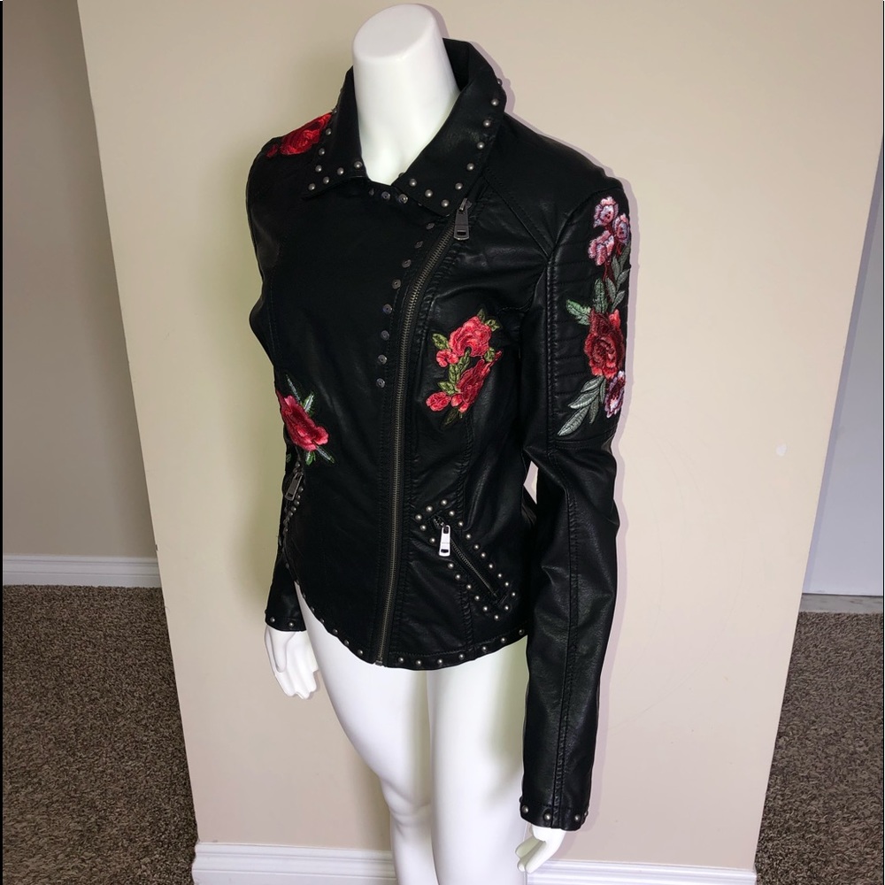 Black Leather Moto Biker Jacket Floral Applique Studded Vegan Leather Coat